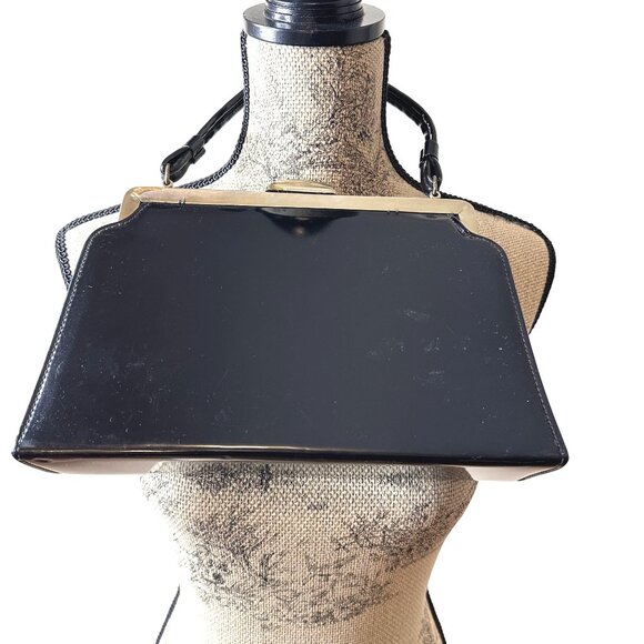 VTG Women Black Patent Leather Purse Hand-painted White Front Signed Gold Clasp - Picture 4 of 11